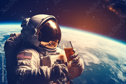Astronaut Enjoying a Beer in Outer Space representing the idea of relaxation and enjoyment even in the most unconventional settings. Ai generated photo