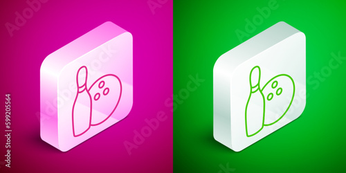 Isometric line Bowling pin and ball icon isolated on pink and green background. Sport equipment. Silver square button. Vector