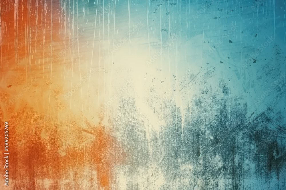 Aged film overlay. Dust scratches texture. Distressed surface. Blue orange white light flare grain noise on uneven faded abstract illustration background 