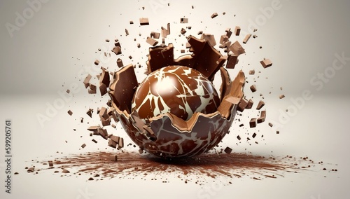 Grey background showcasing an exploded milk chocolate egg ball photo