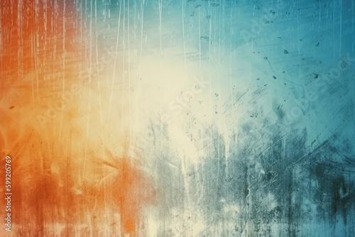 Aged film overlay. Dust scratches texture. Distressed surface. Blue orange white light flare grain noise on uneven faded abstract illustration background 