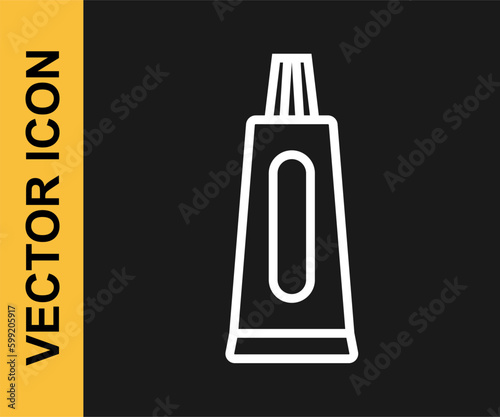 White line Tube of toothpaste icon isolated on black background. Vector