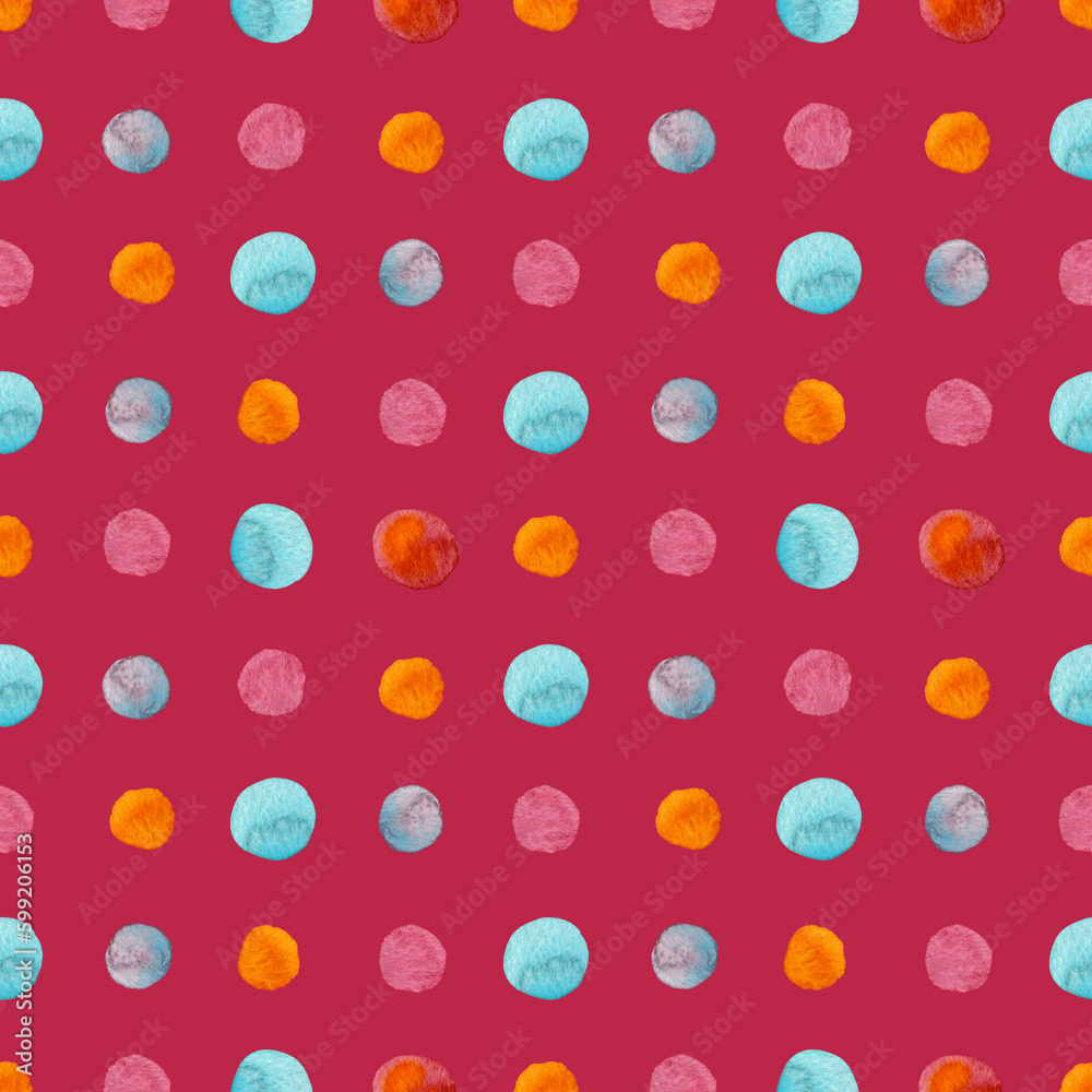 Seamless pattern bright dots painted in watercolor on a Viva Magenta background. For fabric, sketchbook, wallpaper, wrapping paper. Seamless pattern bright dots painted in watercolor on a Viva Magenta background. For fabric, sketchbook, wallpaper, wrapping paper.