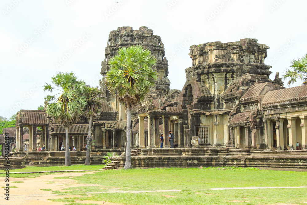 SIEM REAP, CAMBODIA. August 7th, 2019: Close up on Ruins at The Angkor Wat Temple Complex, Cambodia