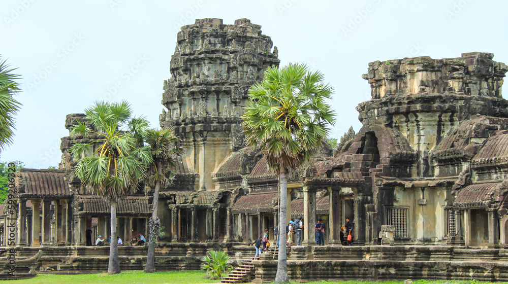SIEM REAP, CAMBODIA. August 7th, 2019: Close up on Ancient temple complex Angkor Wat, Siem Reap, Cambodia.
