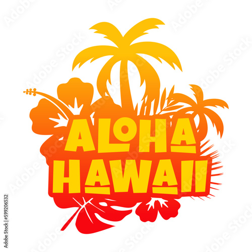 Logo vacaciones en Hawái. Letras de la palabra aloha Hawaii con letras estilo hawaiano con silueta de plantas tropicales 