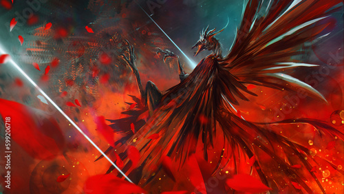 Phoenix bird surrounded by fire with beautiful bright wings. a ray of light pierces his body, flower petals and sparks fly in the air. A mythical bird in a graceful pose is reborn from fire. 2d art