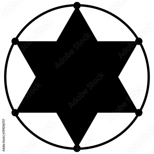 Sheriff's badge icon, black color six pointed hexagonal star with circle vector illustration. Flat style wild west, police, western, deputy, authority idea concept symbol with isolated background.