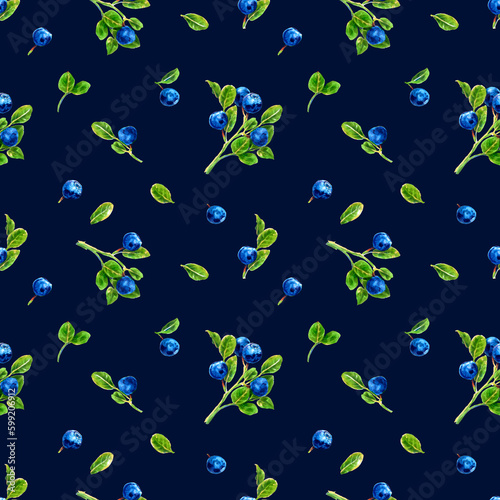 Seamless pattern of forest plants bluebery drawn with markers on a dark blue background. For fabric, sketchbook cover, wallpaper, print, textile, your design.
