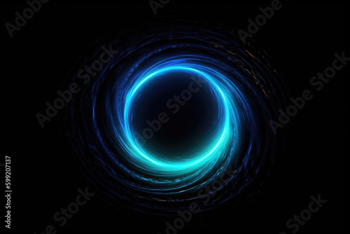 Blur glow background. Galaxy portal. Moonlight radiance. Defocused neon blue color lunar light sphere in ridged swirl texture tunnel on dark black