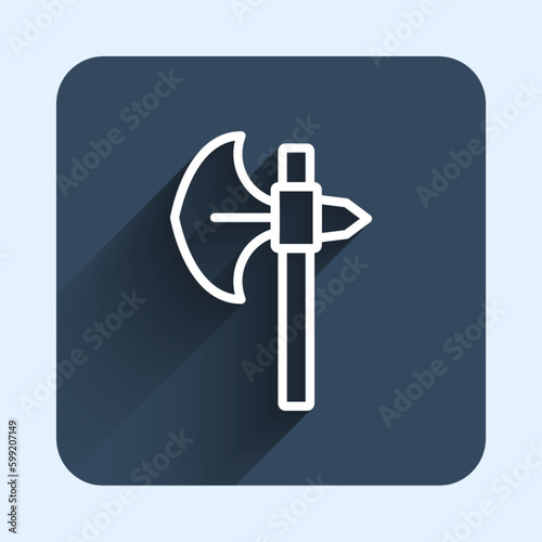 White line Medieval axe icon isolated with long shadow background. Battle axe, executioner axe. Medieval weapon. Blue square button. Vector