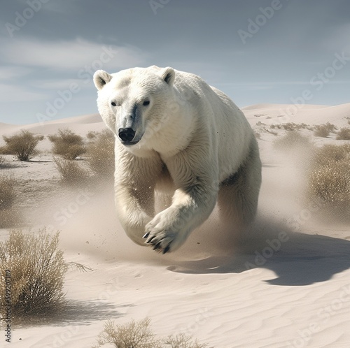 Oso polar corriendo en el desierto photo