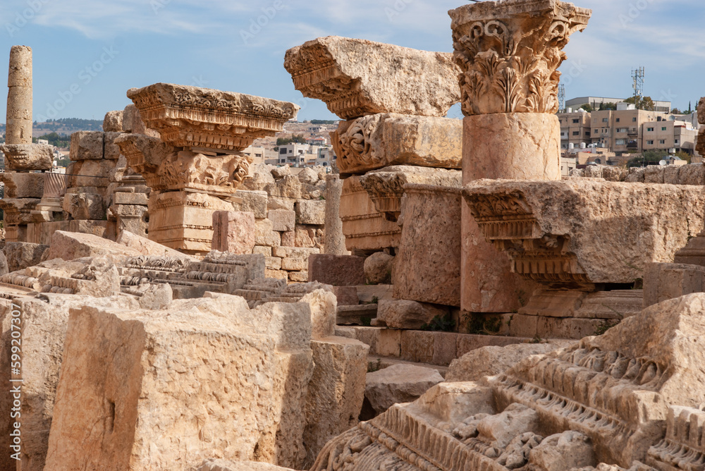 The Roman City of Gerasa (Jerash, Jordan) is ancient city with 6.5 thousand years old. Large number of foundations and fragments of columns from Umayyad period are located on right side main street