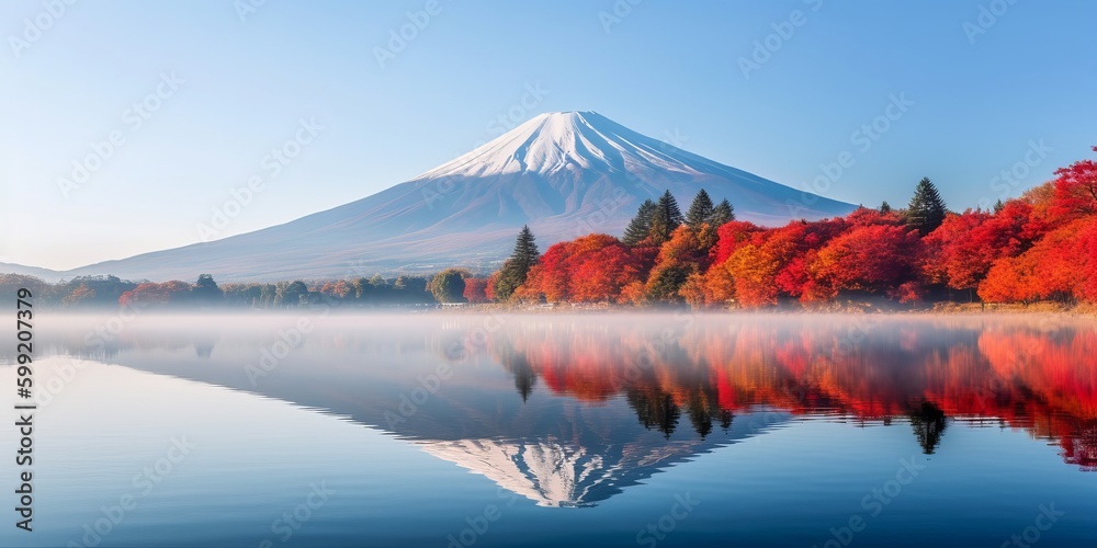 Autumn Magic: Morning Fog Enveloping Mount Fuji at Lake Kawaguchiko - obrazy, fototapety, plakaty 