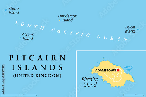Pitcairn Islands, a British Overseas Territory, political map. Pitcairn, Henderson, Ducie and Oeno Islands. South Pacific volcanic island group. The Mutiny on the Bounty took place on Pitcairn Island. photo