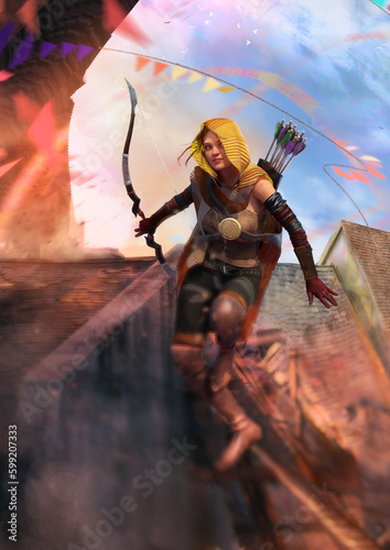 An archer in a yellow hood and leather armor makes her way across the roofs of a medieval city, she walks on a tightrope like an acrobat, festive flags and confetti flutter in the background. 2d art © Николай Акатов