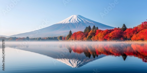 Fototapete Autumn Magic: Morning Fog Enveloping Mount Fuji at Lake Kawaguchiko