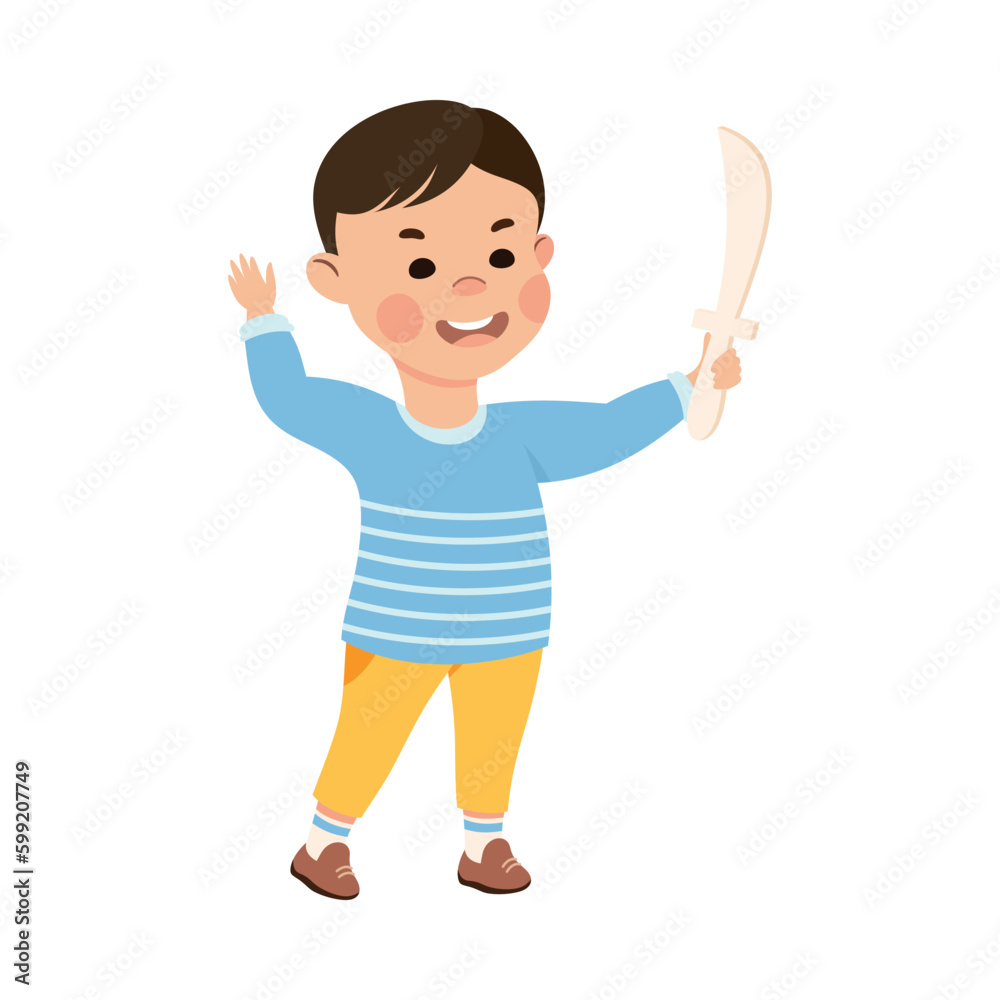 Little Boy with Angry Grimace Threatening Somebody with Toy Sword Vector Illustration Little Boy with Angry Grimace Threatening Somebody with Toy Sword Vector Illustration
