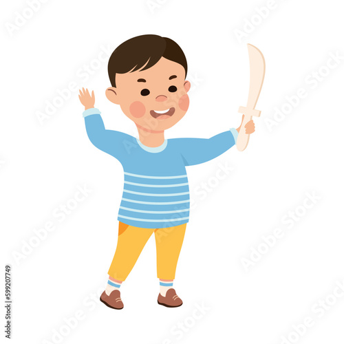 Little Boy with Angry Grimace Threatening Somebody with Toy Sword Vector Illustration
