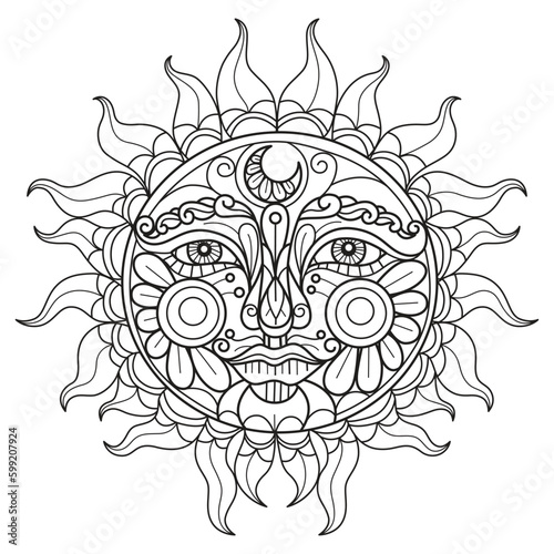 The sun hand drawn for adult coloring book