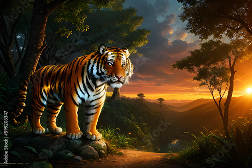 Illustration of tiger in natural environment, outdoors.