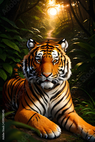 Illustration of tiger in natural environment  outdoors.