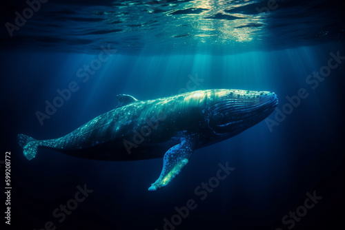 Blue Whale  Majestic Creature of the Ocean  swimming in the ocean with sun rays shining through the water. Ai generated