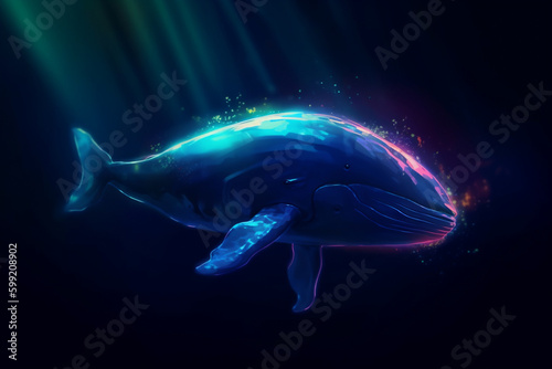 Blue Whale  Majestic Creature of the Ocean  swimming in the ocean with sun rays shining through the water. Ai generated