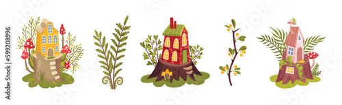 Forest Botany Element with Fairy House on Tree Stump and Twig Vector Set