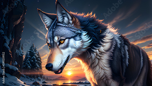 Photographie Illustration of wild gray wolf.