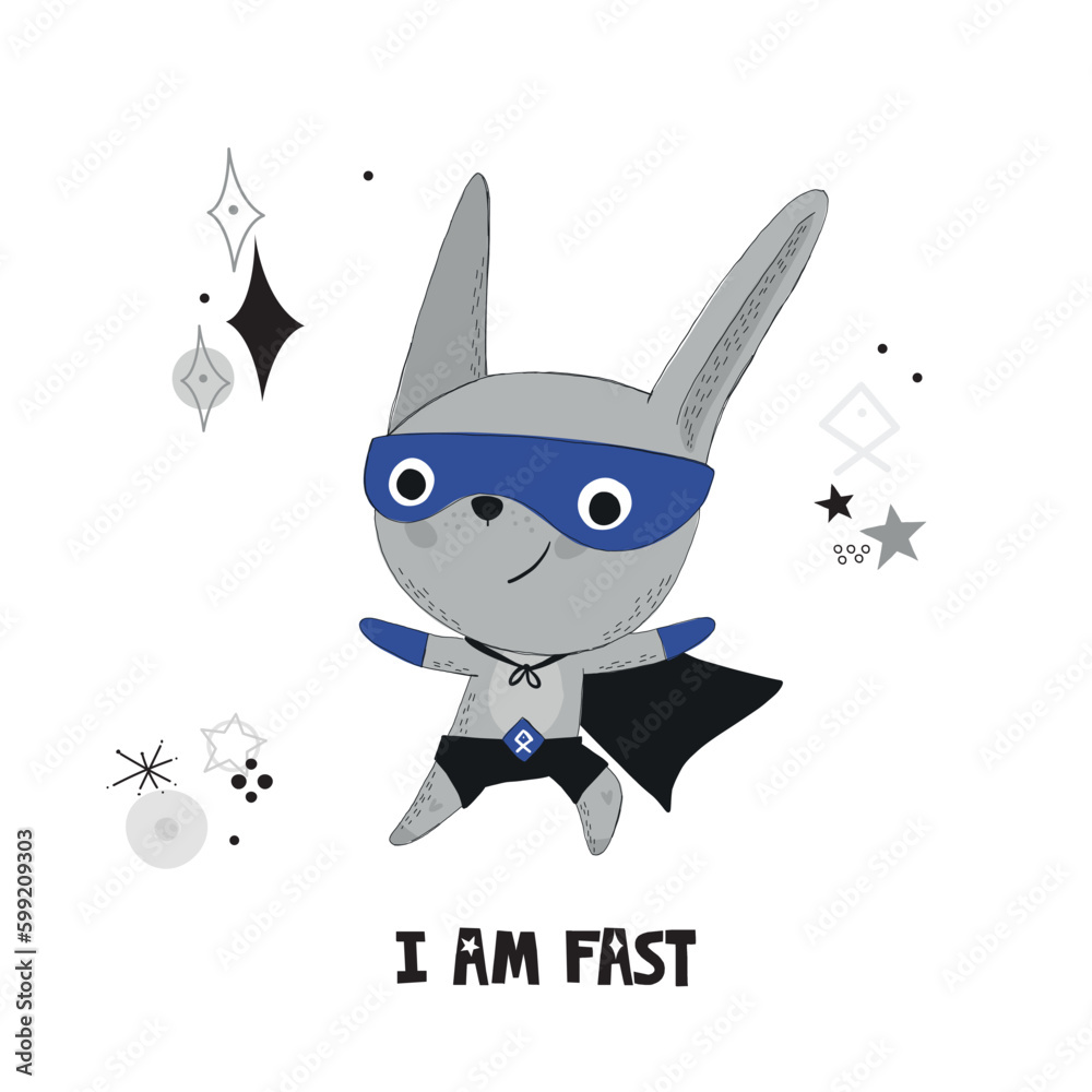 Superhero Bunny animal character wearing comic costume, hand drawn ...