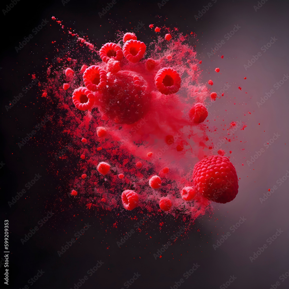 Raspberries in the air on black background. Generative AI Raspberries in the air on black background. Generative AI