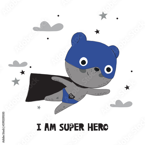 Superhero Bear animal character wearing comic costume, hand drawn style vector illustration. Scandinavian 
design with neutral color pallet. Best to use for print & as an Ad banners on social media