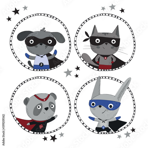 Superhero animal characters wearing comic costumes, hand drawn style vector illustration. Scandinavian 
design with neutral color pallet. Best to use for print & as an Ad banners on social media