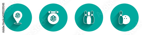 Set Game dice, Bowling pin and and ball icon with long shadow. Vector