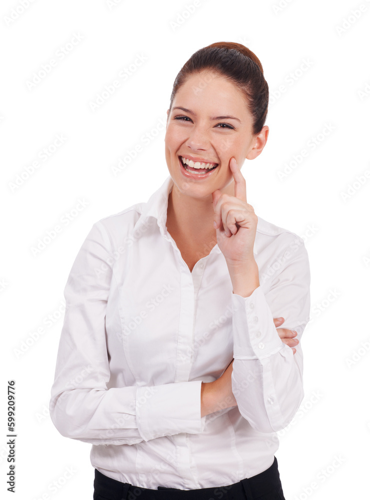She laughs easily. Studio shot of an attractive young woman standing with her hand on her chin isolated on white. She laughs easily. Studio shot of an attractive young woman standing with her hand on her chin isolated on white.