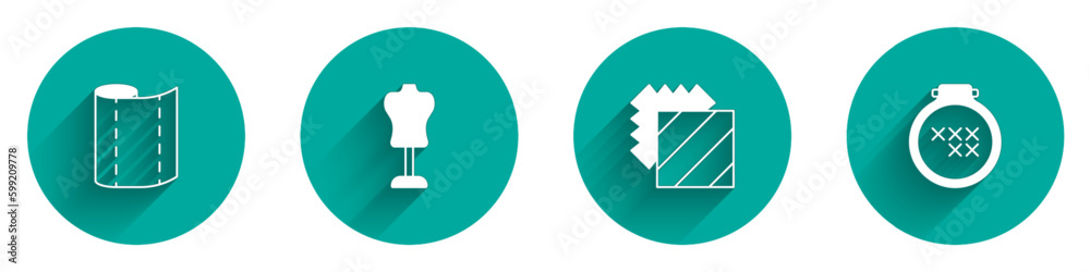 Set Textile fabric roll, Mannequin, Layers clothing textile and Round adjustable embroidery hoop icon with long shadow. Vector Set Textile fabric roll, Mannequin, Layers clothing textile and Round adjustable embroidery hoop icon with long shadow. Vector