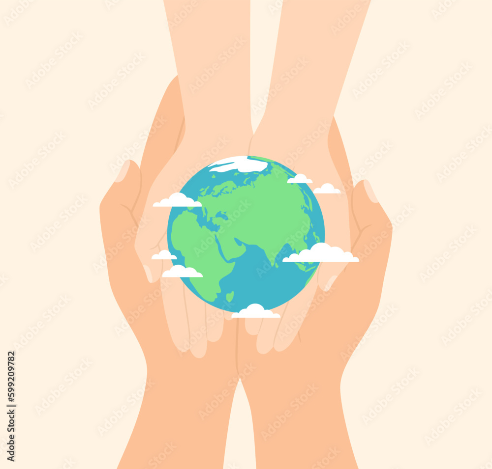 Hands of an adult and a child holding together the planet Earth in ...