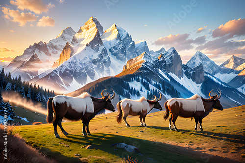 Illustration of domestic yak in Himalaya  Tibet.