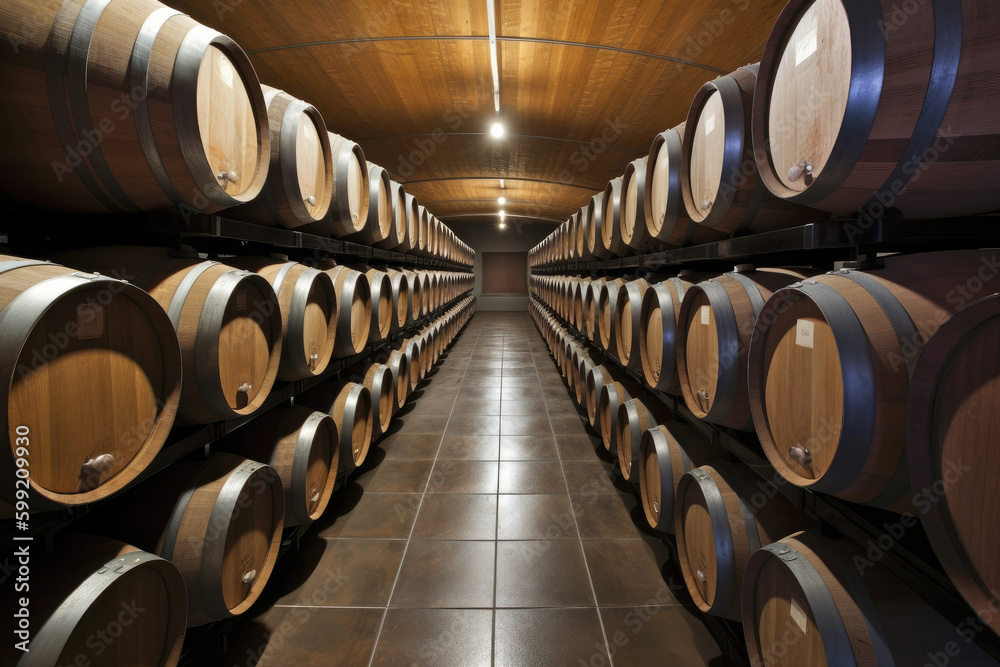 Lots of wooden oak barrels in the wine cellar. Generative ai.