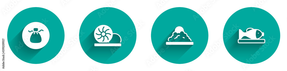 Set Wonton, Xiao long bao, Rice in bowl and Served fish plate icon with long shadow. Vector Set Wonton, Xiao long bao, Rice in bowl and Served fish plate icon with long shadow. Vector