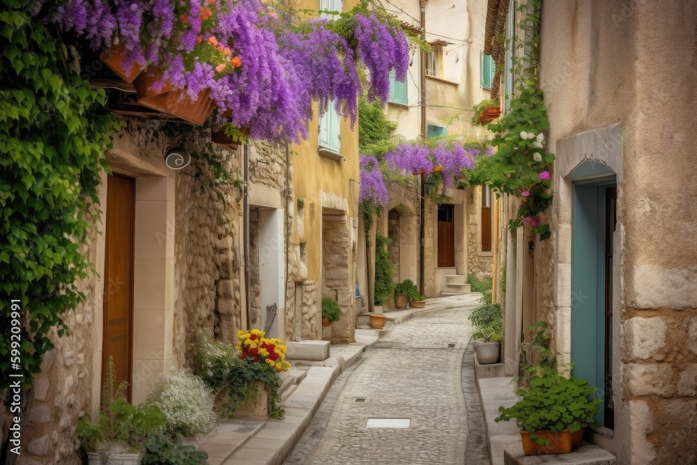 Historically old town with flowering plants and colorful flowers. Generative ai.
