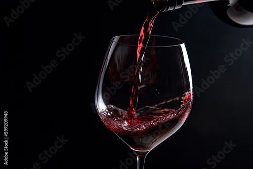 Pouring red wine from a bottle into a glass on a black background. Generative ai.
