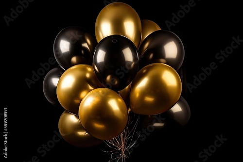 Golden gel and black balloons on a dark background. Generative ai.