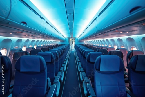 Blue interior of a modern aircraft, empty seats. Generative ai.
