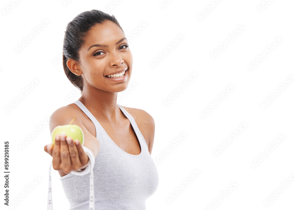 Choose the healthy alternative. A pretty young woman offering you an apple and a measuring tape while isolated on a white background. Choose the healthy alternative. A pretty young woman offering you an apple and a measuring tape while isolated on a white background.