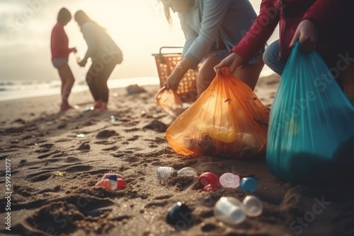  Group of young eco volunteers picking up plastic trash on the beach. Generative AI.

