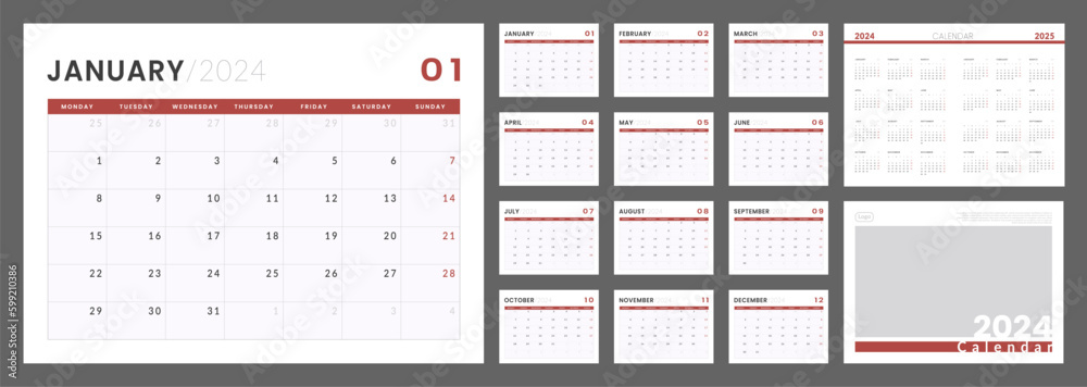 2024 - 2025 Calendar Planner Template. Vector layout of a wall or desk simple calendar with week start monday. Set of monthly, annual and cover page calendar in minimalist corporate design for print. 2024 - 2025 Calendar Planner Template. Vector layout of a wall or desk simple calendar with week start monday. Set of monthly, annual and cover page calendar in minimalist corporate design for print.