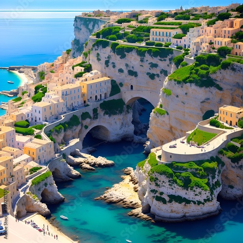 a panoramic aerial view of Polignano, a picturesque coastal town in southern Italy photo