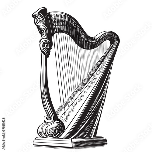 Harp vintage hand drawn sketch Vector illustration Musical
